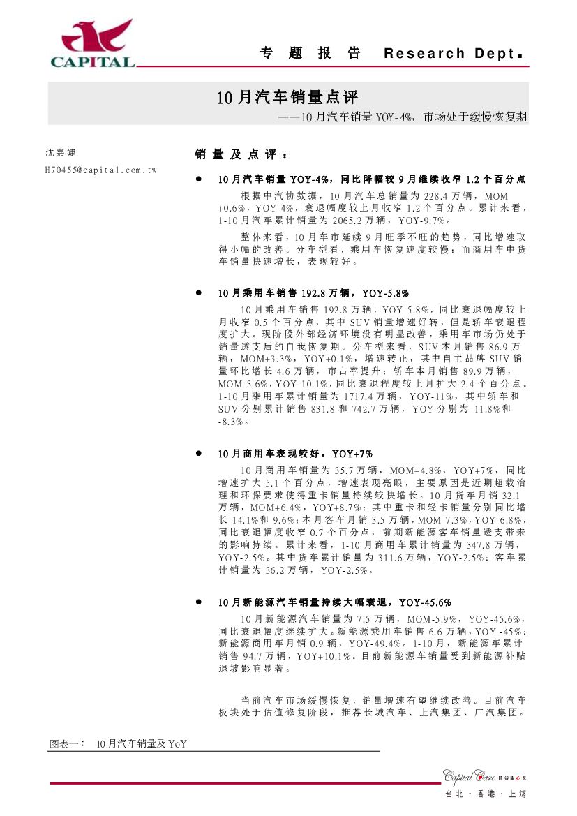 群益证券：10月汽车销量点评：10月汽车销量YOY-4%，市场处于缓慢恢复期