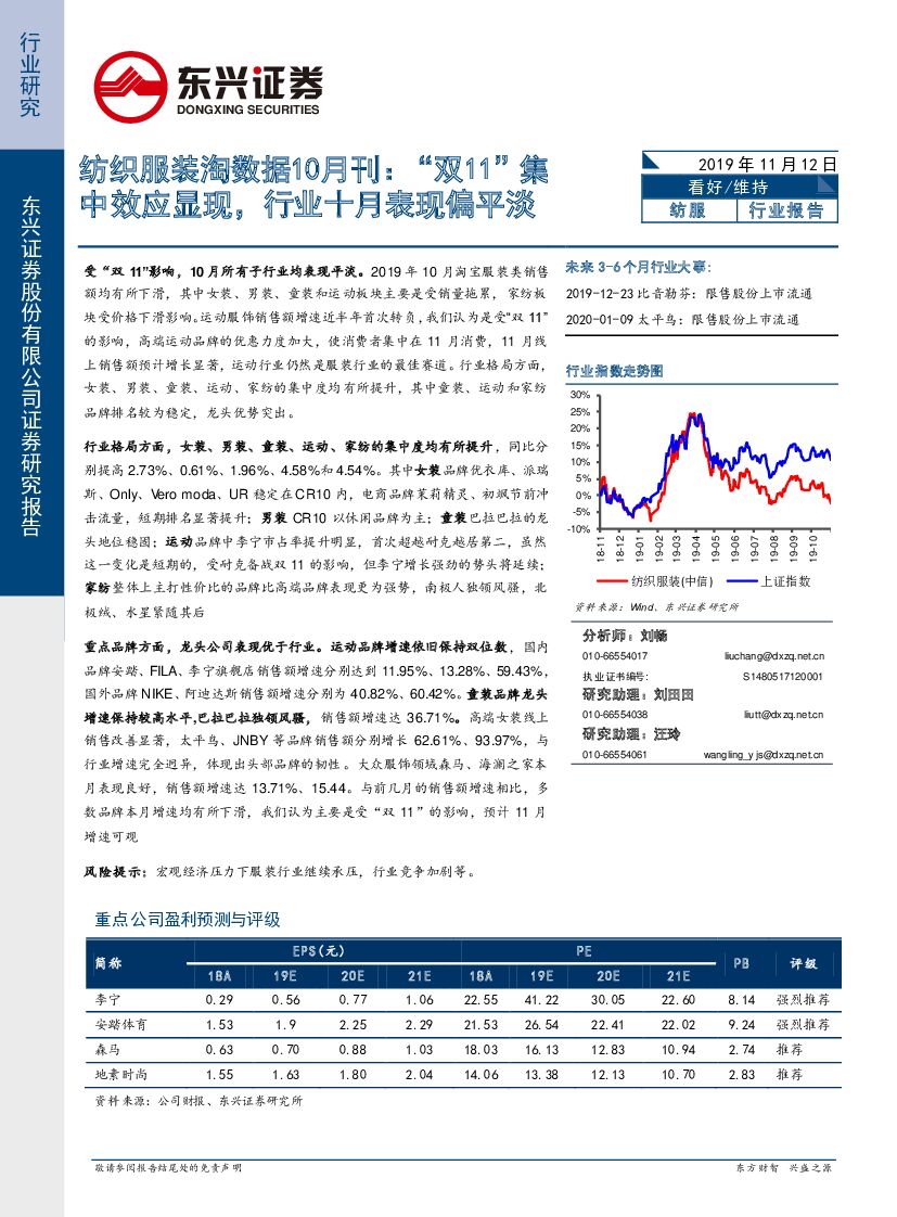 东兴证券：纺织服装淘数据10月刊：“双11”集中效应显现，行业十月表现偏平淡