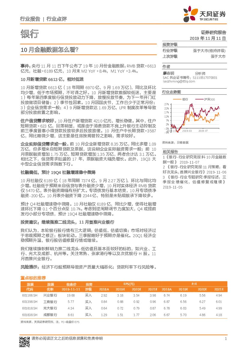 天风证券：银行行业点评：10月金融数据怎么看？