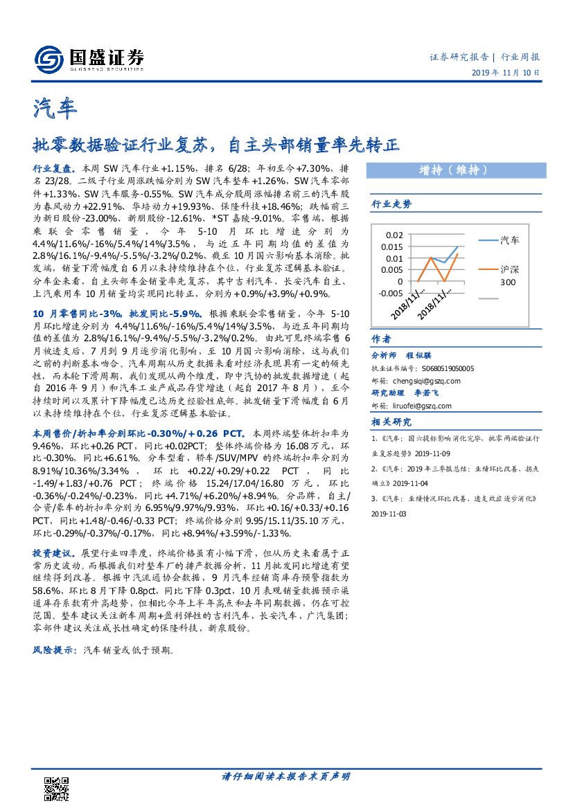 国盛证券：汽车行业周报：批零数据验证行业复苏，自主头部销量率先转正