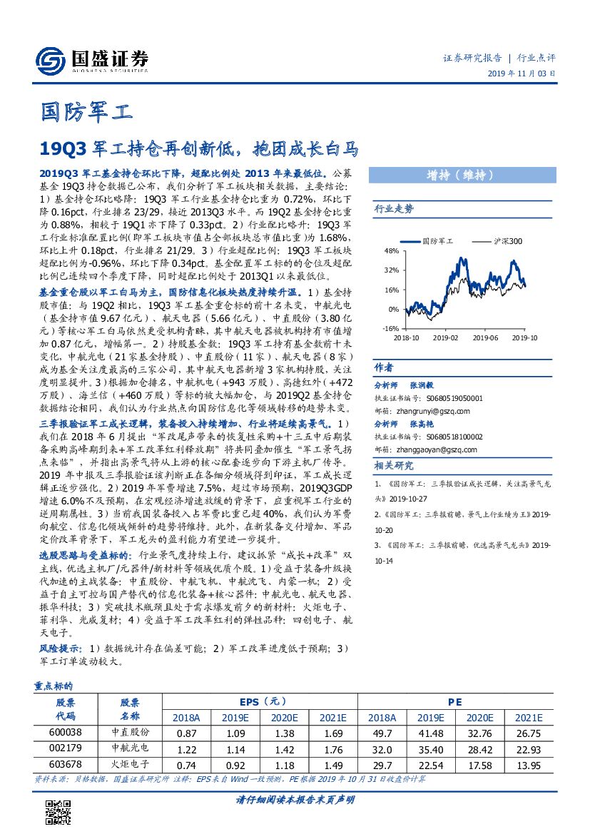 国盛证券：国防军工：19Q3军工持仓再创新低，抱团成长白马