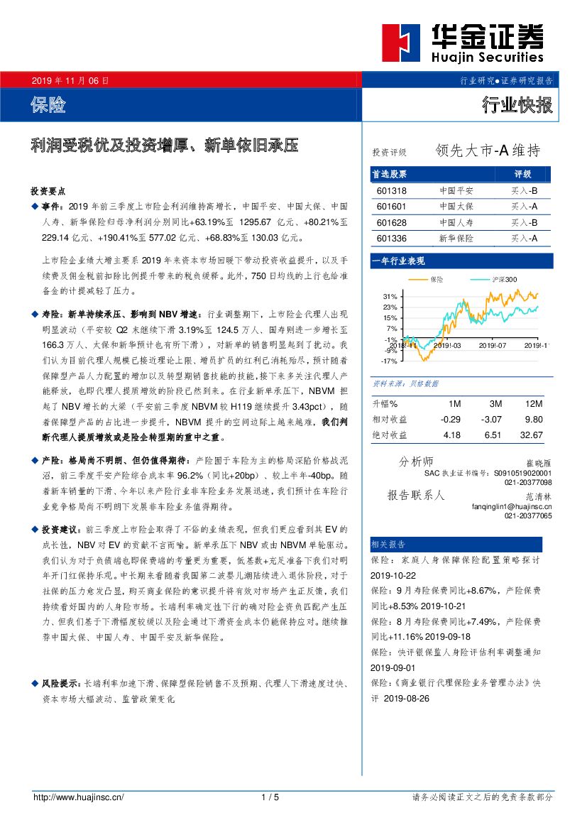 华金证券：保险：利润受税优及投资增厚、新单依旧承压