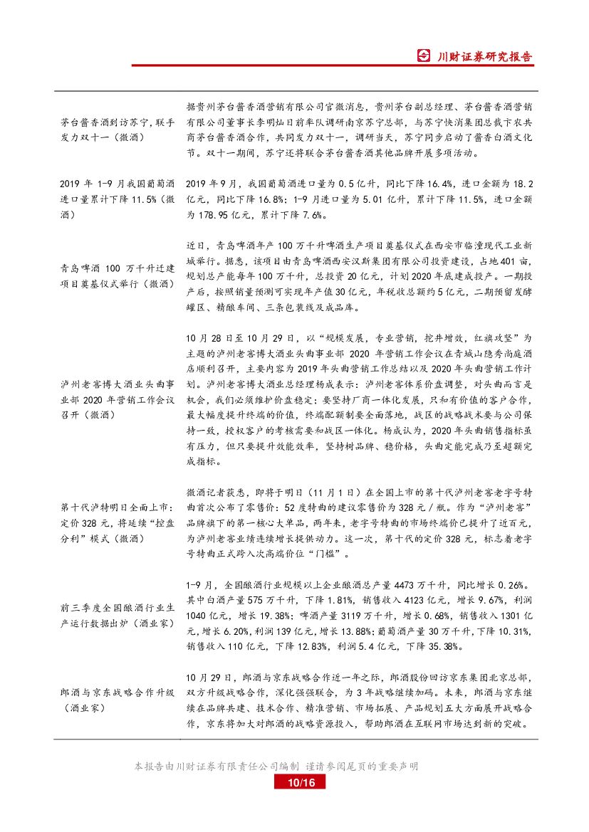 川财证券：食品饮料行业周报：三季报披露完毕，白酒板块分化显著_第10页
