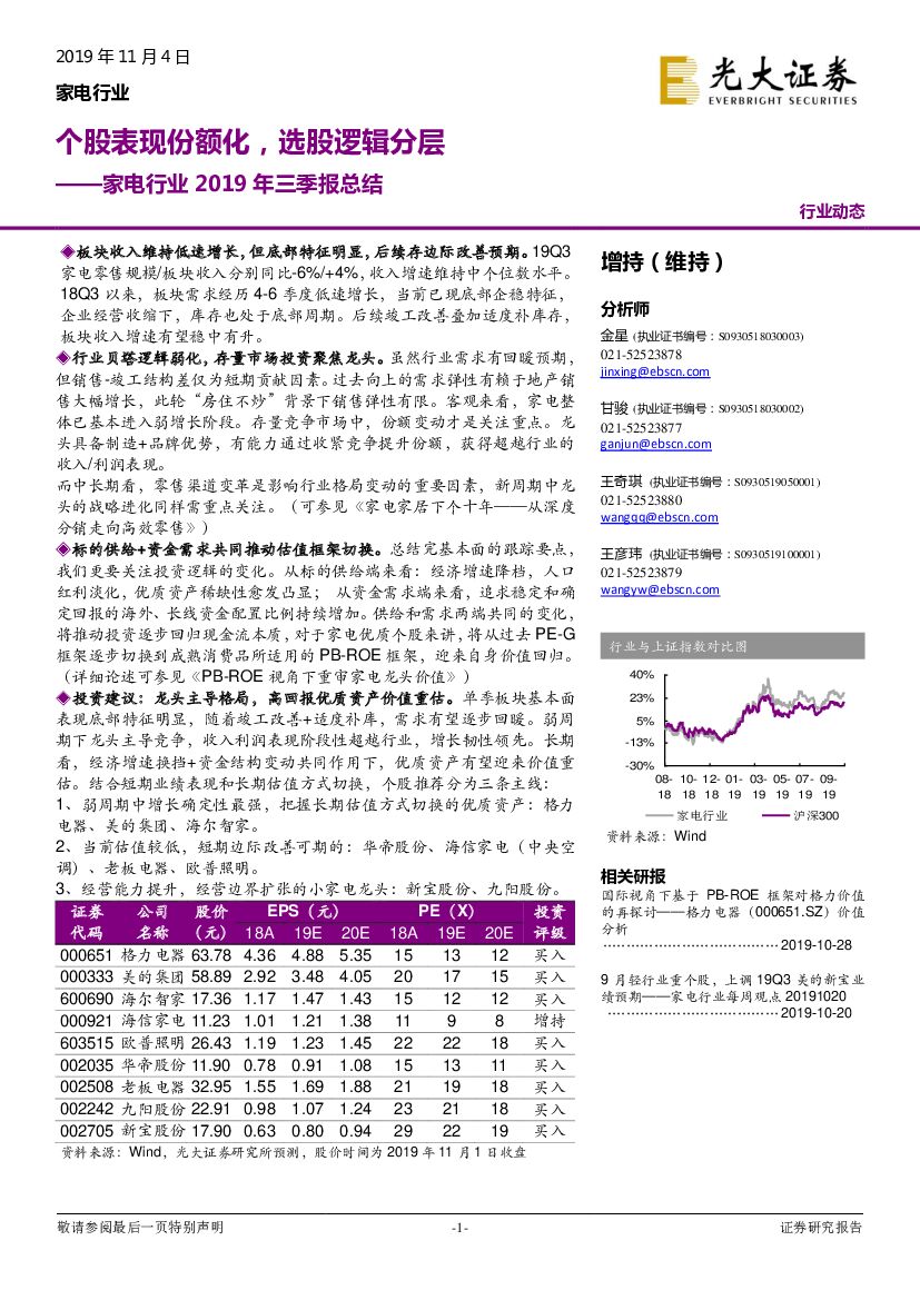 光大证券：家电行业2019年三季报总结：个股表现份额化，选股逻辑分层