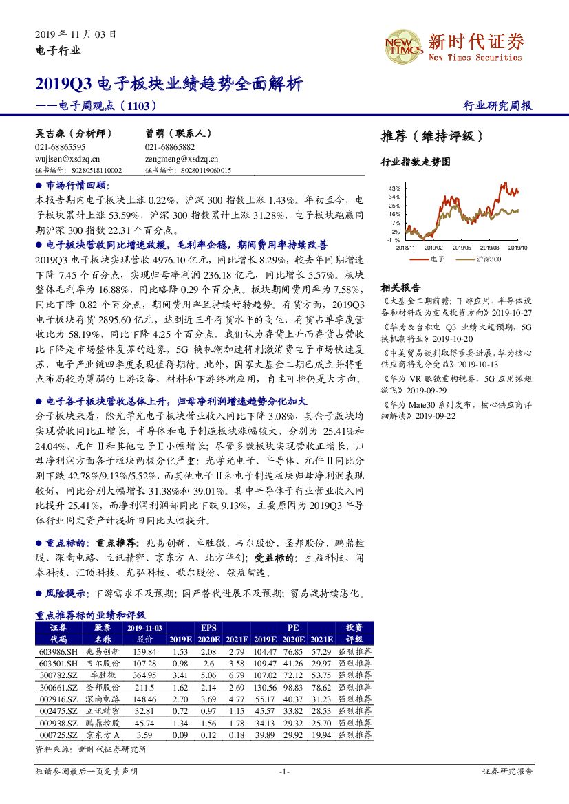新时代证券：电子周观点：2019Q3电子板块业绩趋势全面解析