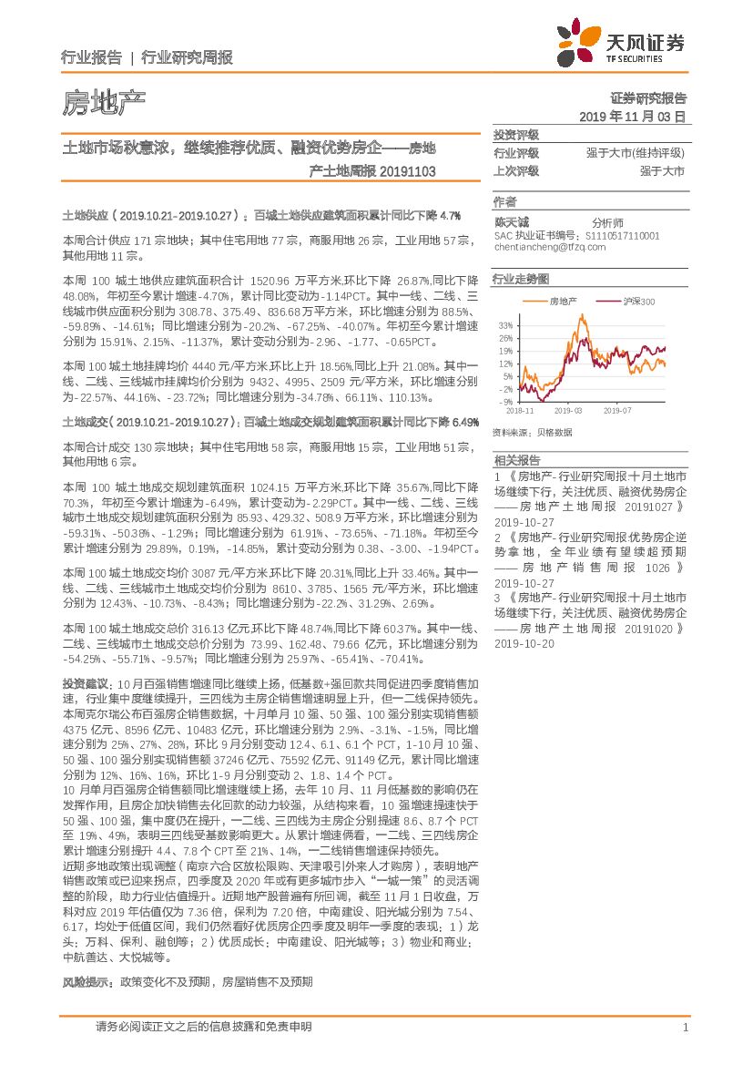 天风证券：房地产土地周报：土地市场秋意浓，继续推荐优质、融资优势房企
