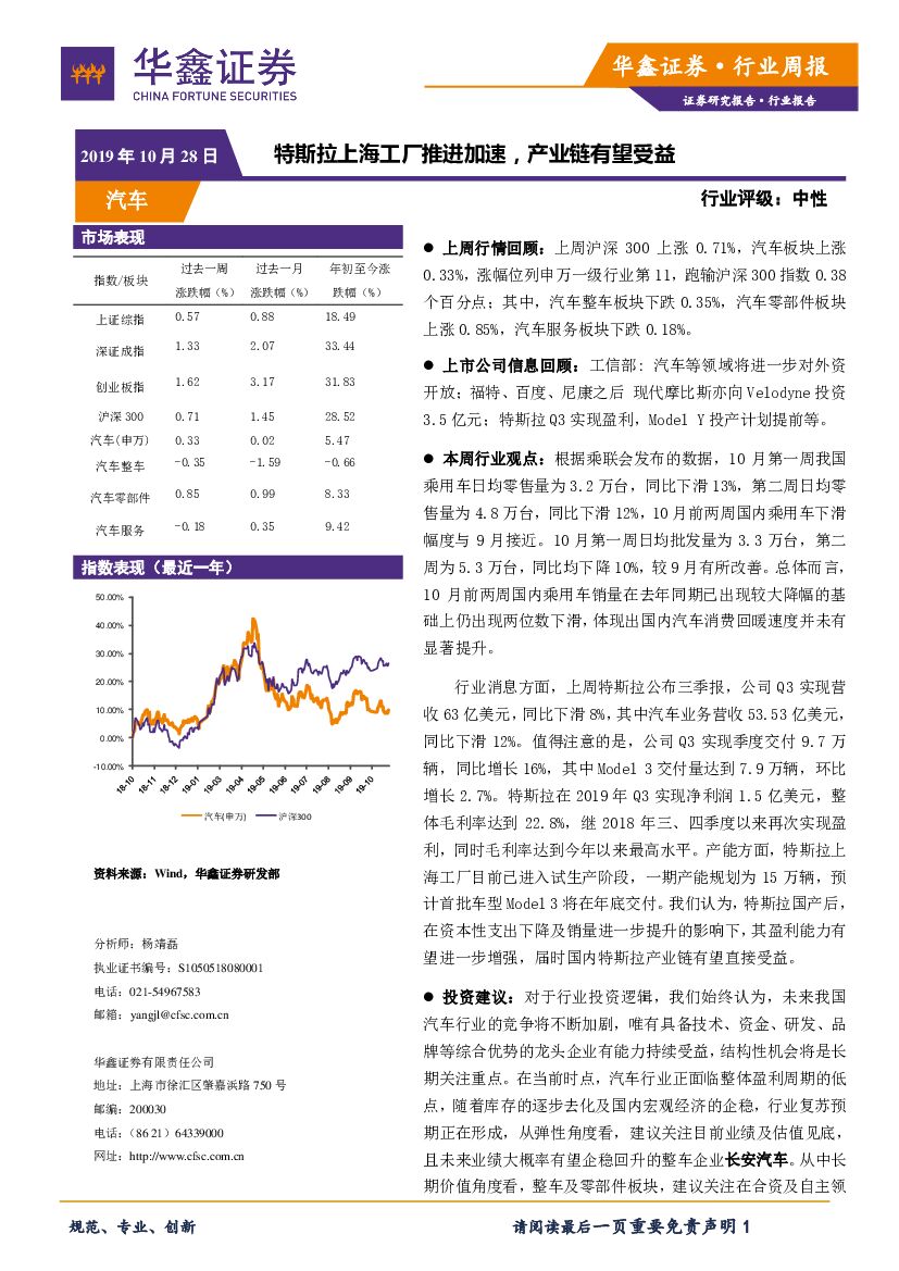 华鑫证券：汽车行业周报：特斯拉上海工厂推进加速，产业链有望受益