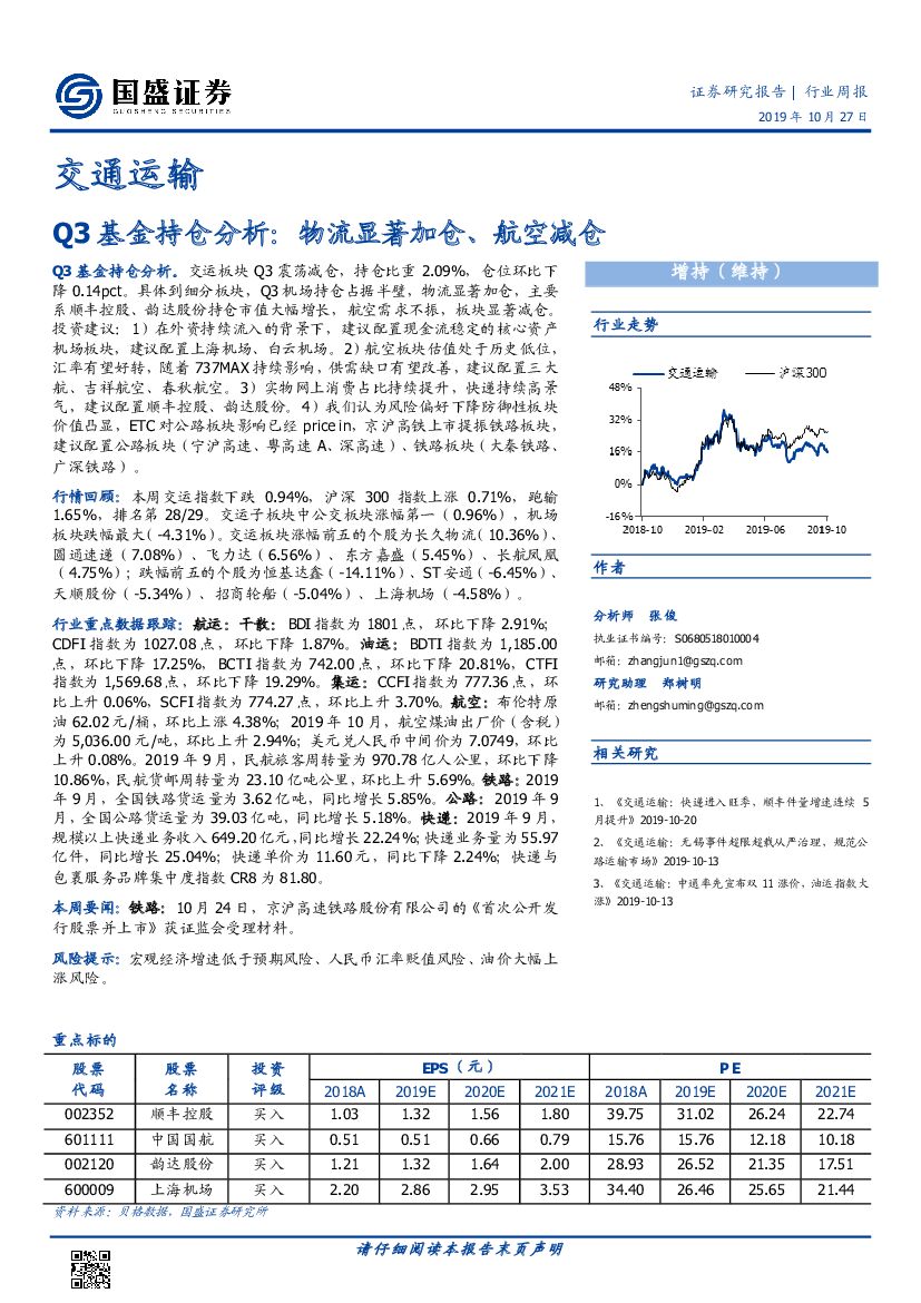 国盛证券：交通运输行业周报：Q3基金持仓分析：物流显著加仓、航空减仓