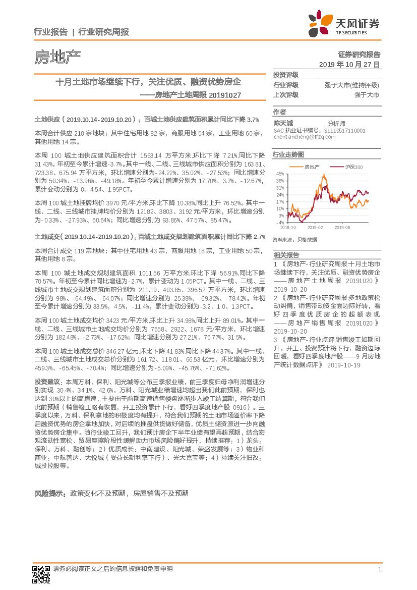 天风证券：房地产土地周报：十月土地市场继续下行，关注优质、融资优势房企