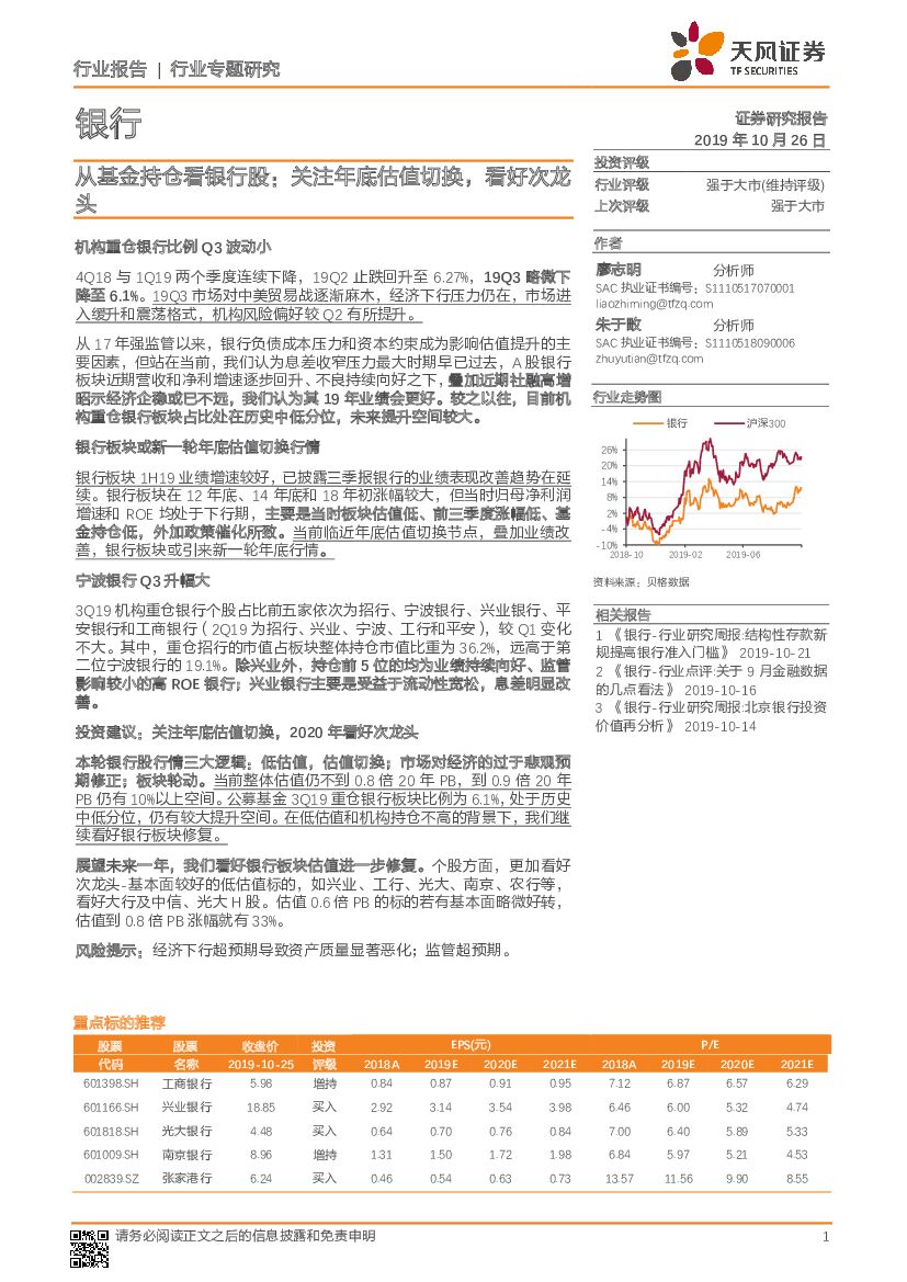 天风证券：银行行业专题研究：从基金持仓看银行股：关注年底估值切换，看好次龙头