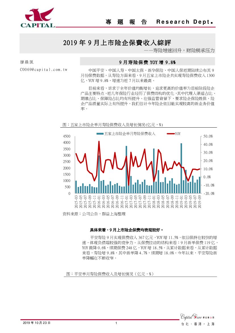 群益证券：2019年9月上市险企保费收入综评：寿险增速回升，财险稍承压力