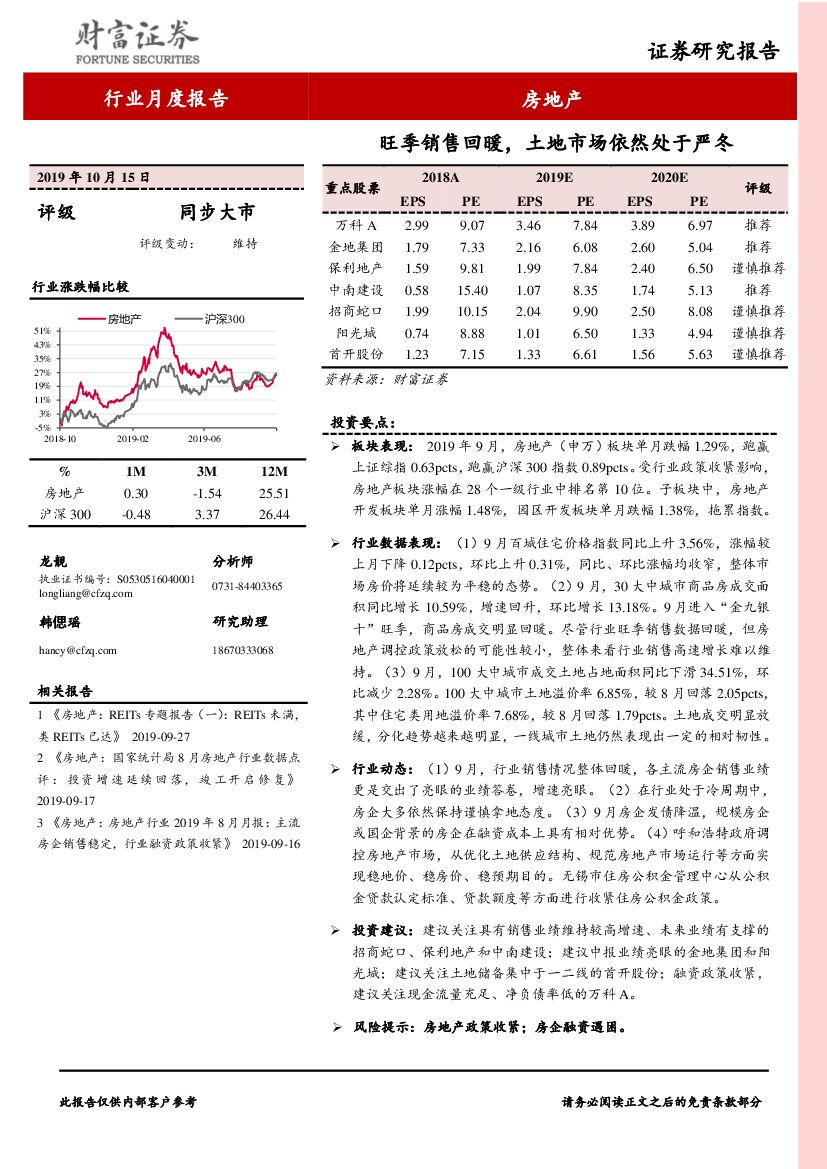 财富证券：房地产行业月度报告：旺季销售回暖，土地市场依然处于严冬