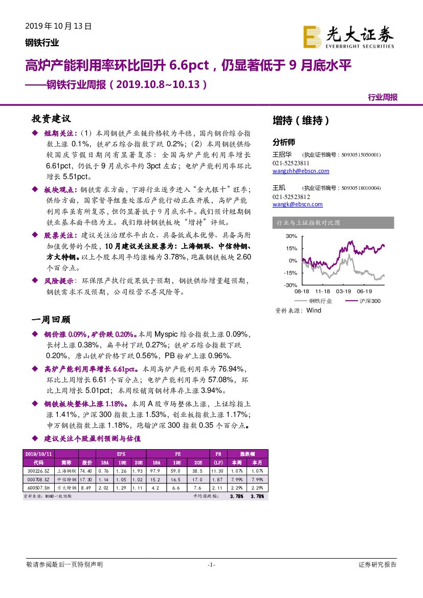 光大证券：钢铁行业周报：高炉产能利用率环比回升6.6pct，仍显著低于9月底水平