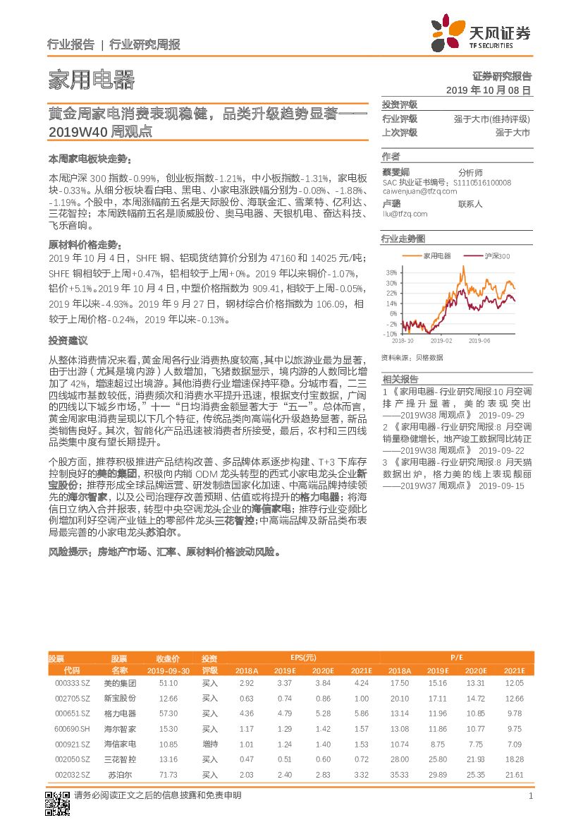 天风证券：家用电器周观点：黄金周家电消费表现稳健，品类升级趋势显著