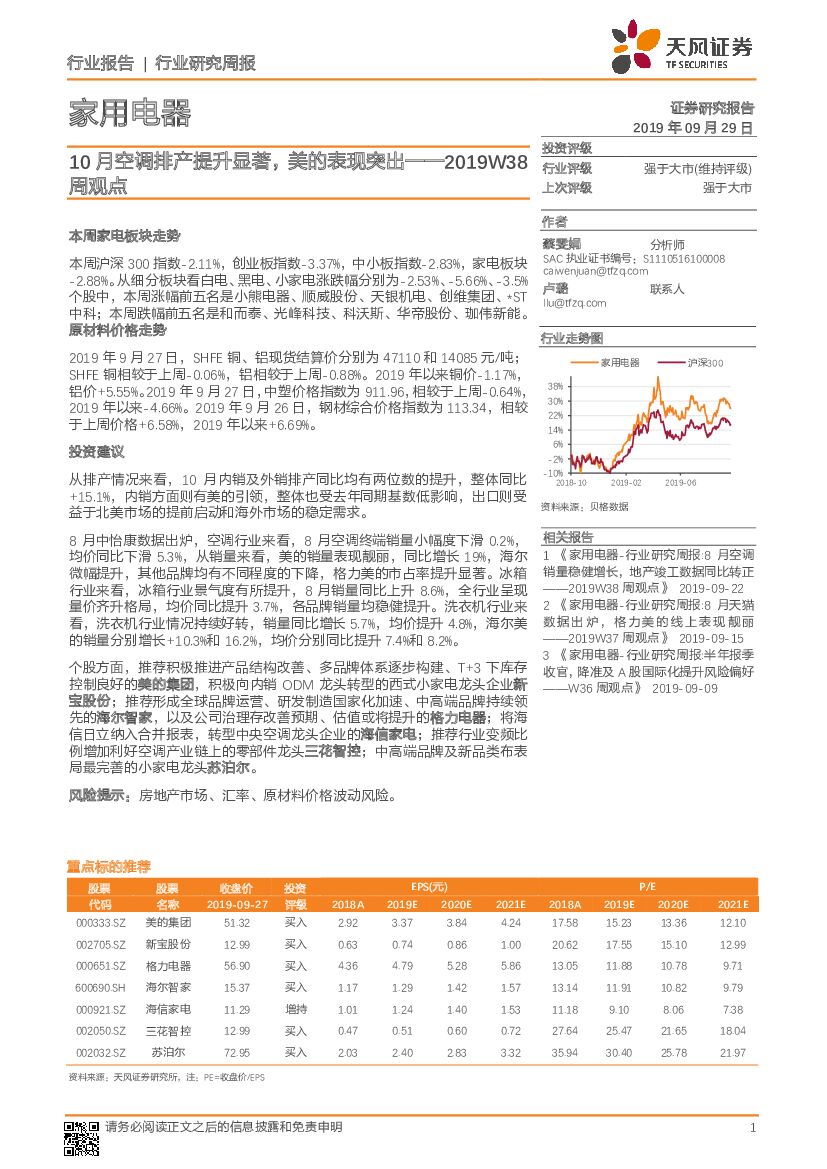 天风证券：家用电器2019W38周观点：10月空调排产提升显著，美的表现突出
