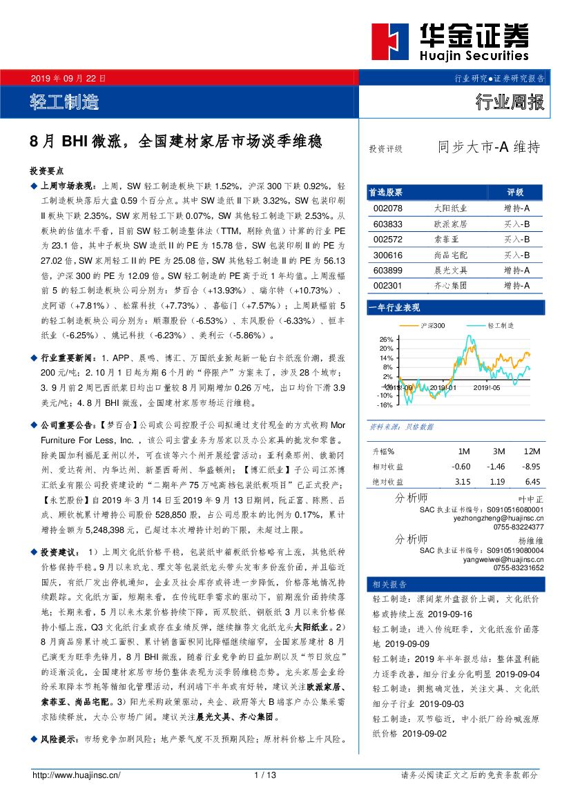 华金证券：轻工制造行业周报：8月BHI 微涨，全国建材家居市场淡季维稳