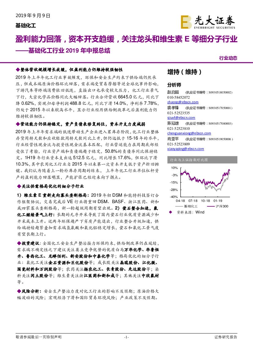 光大证券：基础化工行业2019年中报总结：盈利能力回落，资本开支趋缓，关注龙头和维生素E等细分子行业