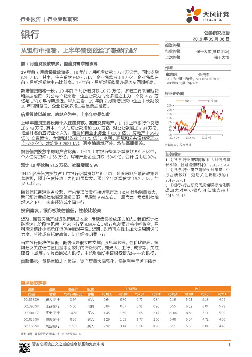 天风证券：从银行中报看，上半年信贷放给了哪些行业？