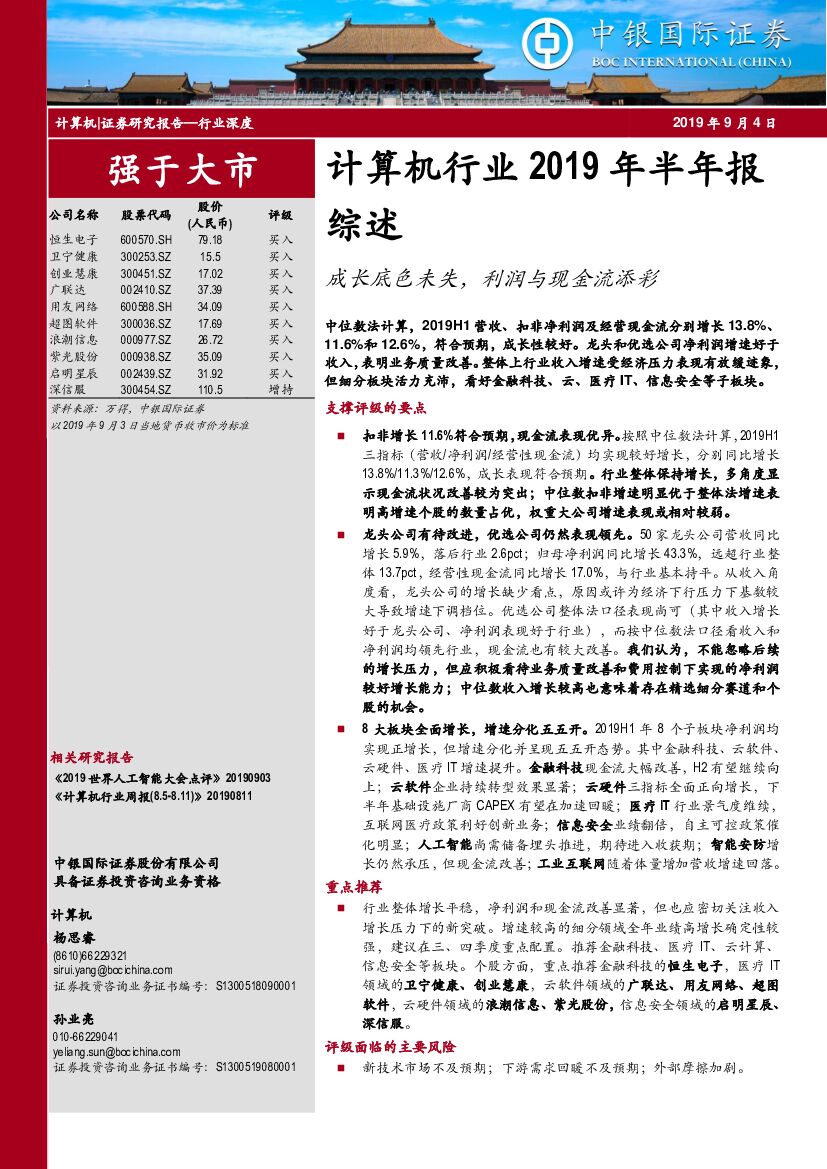 中银国际：计算机行业2019年半年报综述：成长底色未失，利润与现金流添彩
