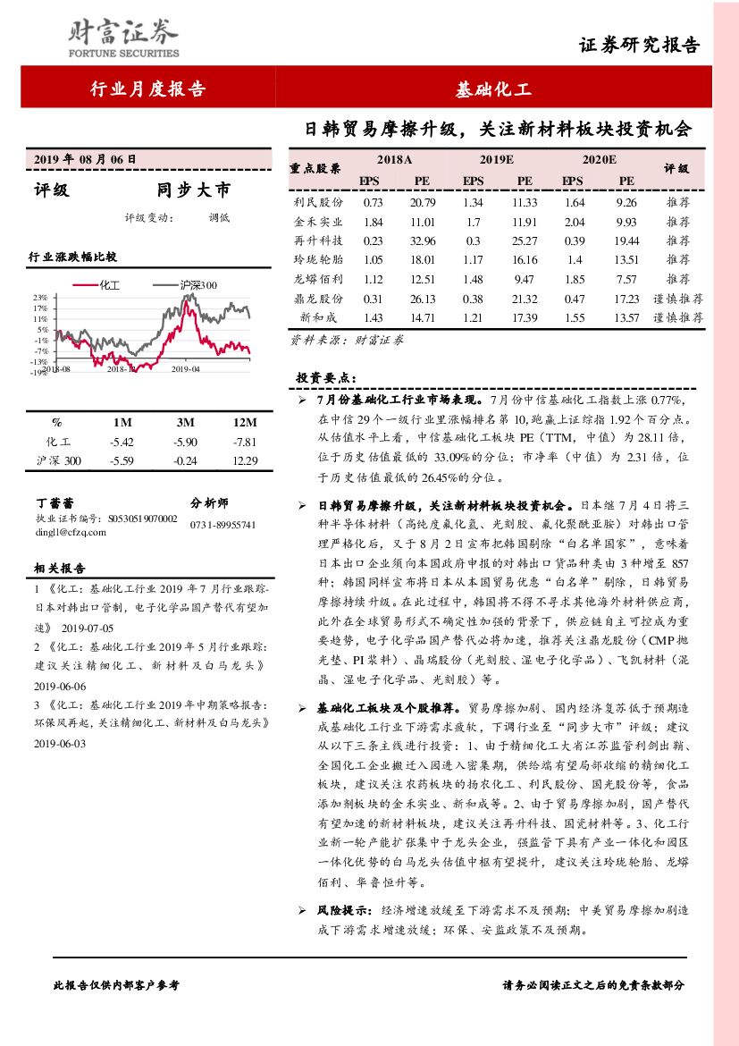 财富证券：基础化工行业月度报告：日韩贸易摩擦升级，关注新材料板块投资机会
