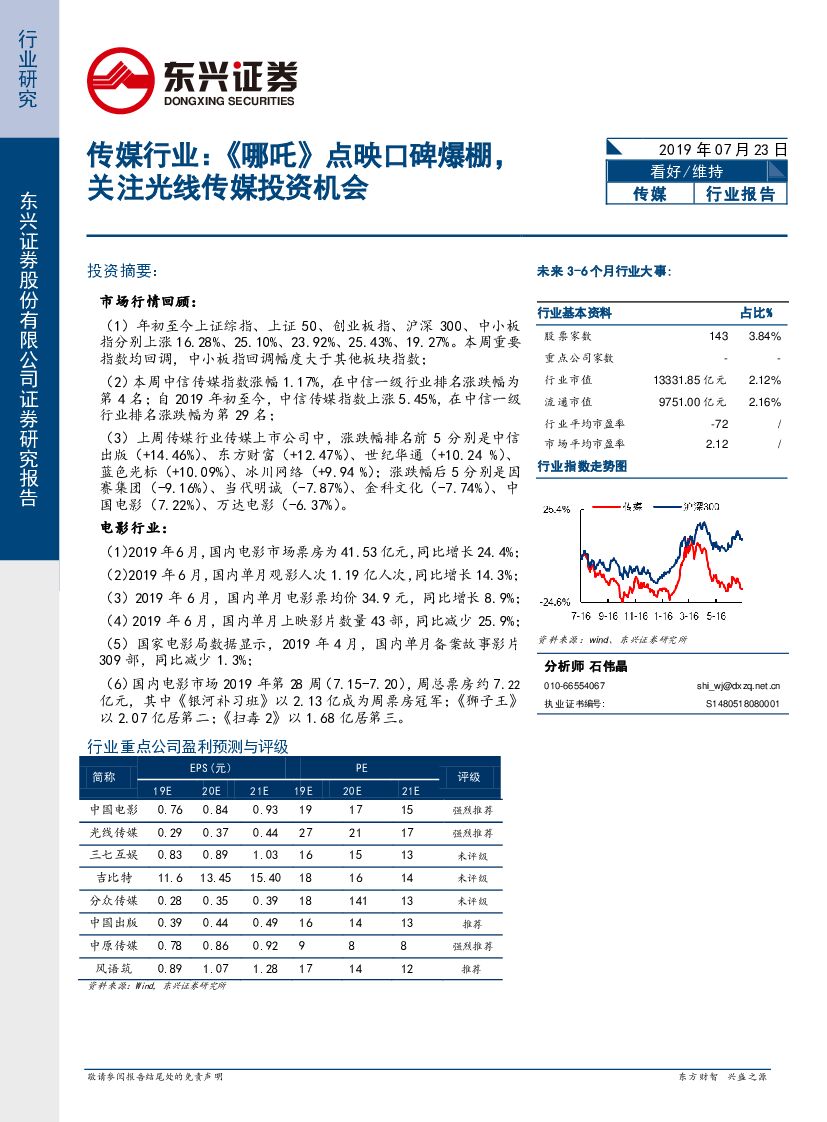 东兴证券：传媒行业：《哪咤》点映口碑爆棚，关注光线传媒投资机会