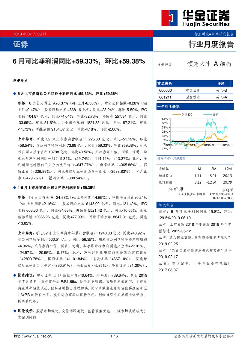华金证券：证券行业月度报告：6月可比净利润同比+59.33%，环比+59.38%