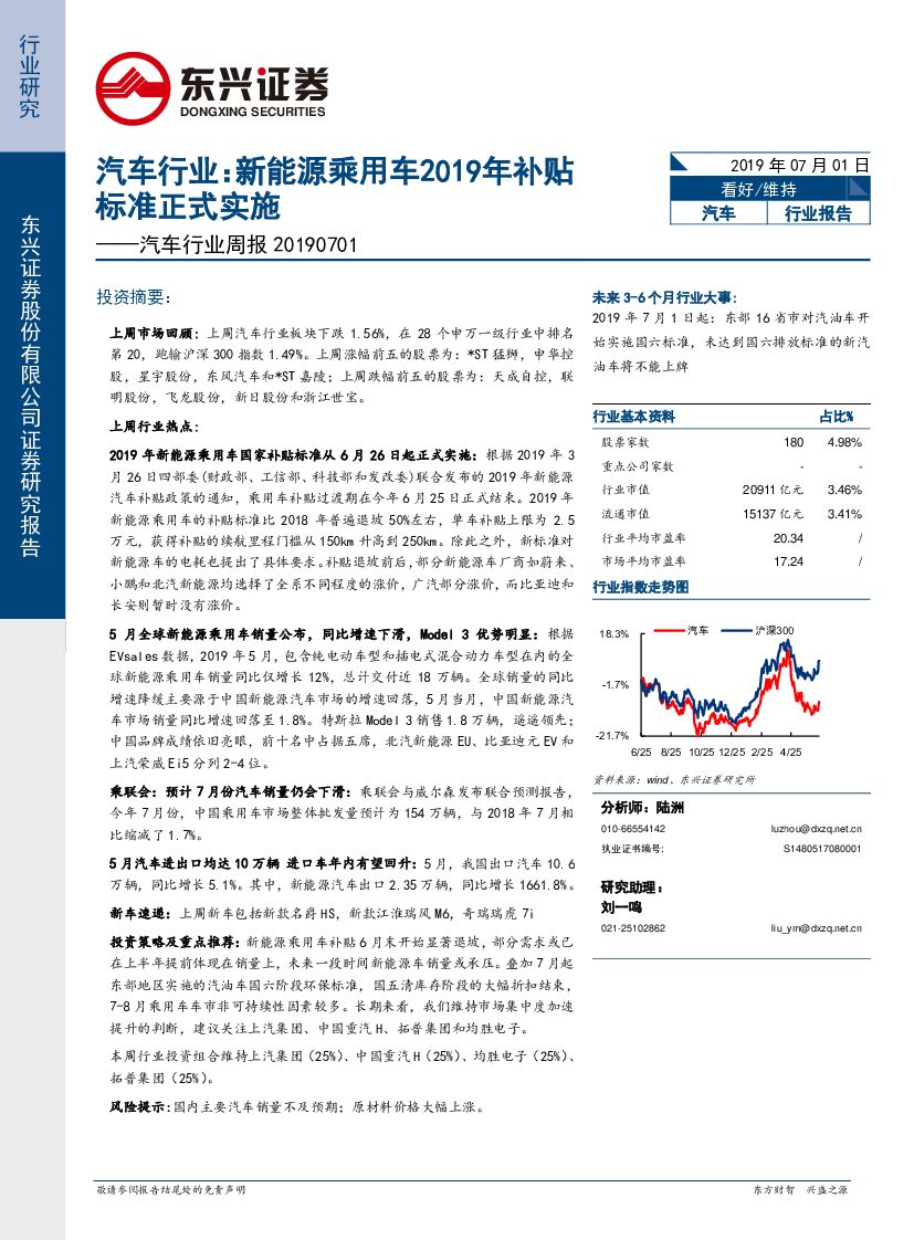 东兴证券：汽车行业周报：新<em>能源</em>乘用车2019年补贴标准正式实施 海报