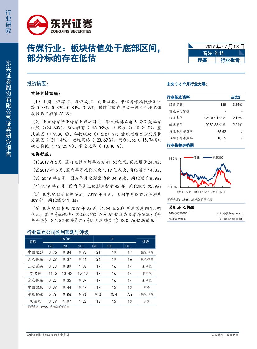 东兴证券：传媒行业：板块估值处于底部区间，部分标的存在低估