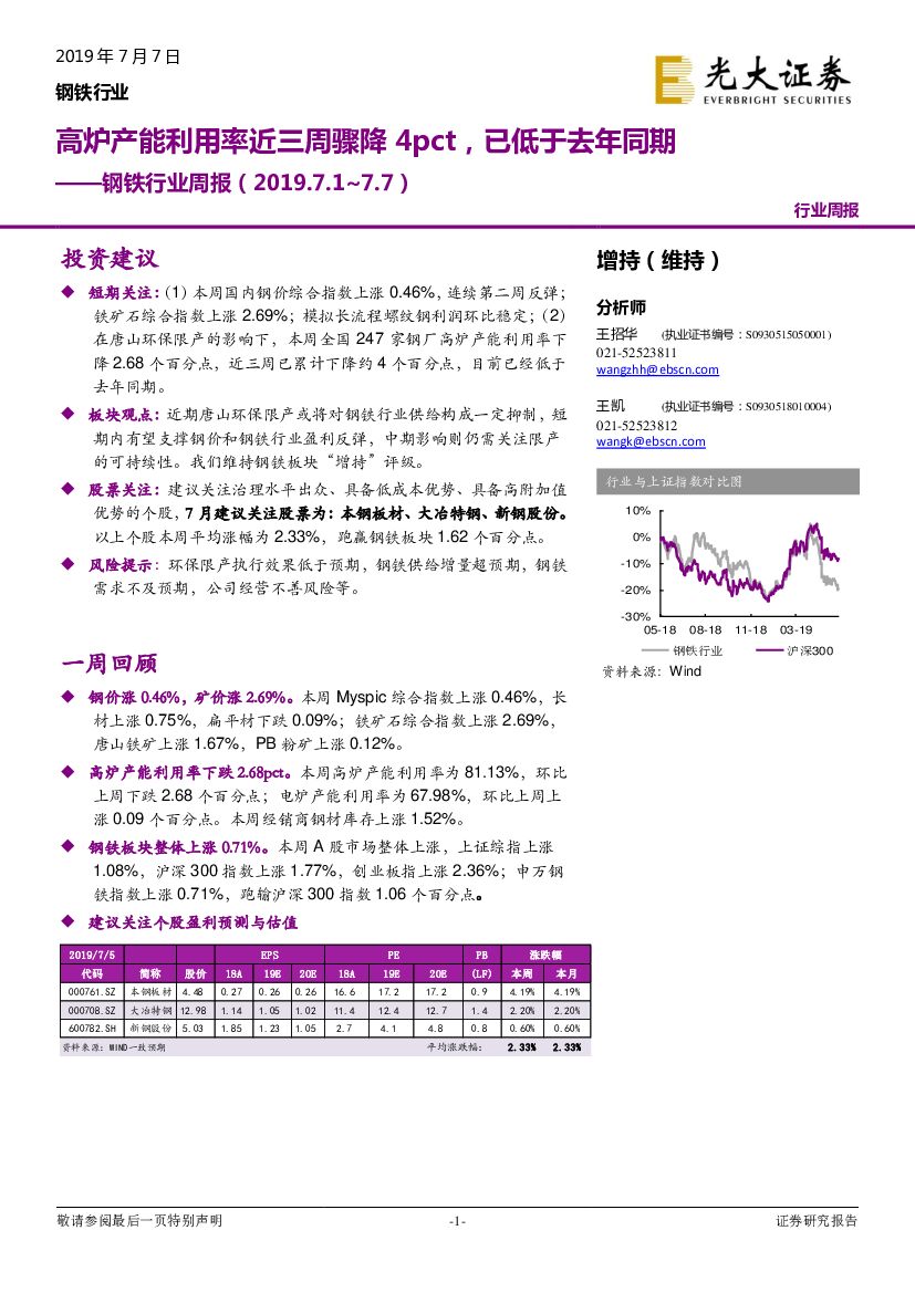 光大证券：钢铁行业周报：高炉产能利用率近三周骤降4pct，已低于去年同期