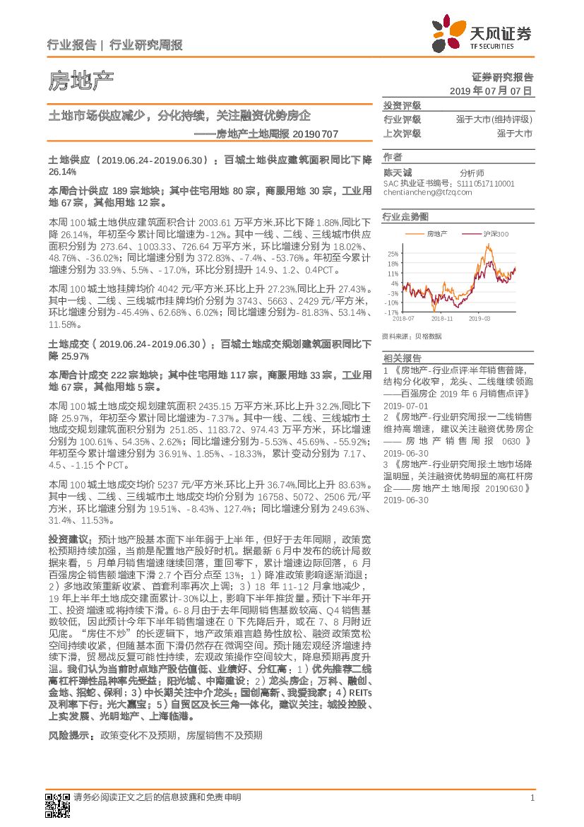 天风证券：房地产土地周报：土地市场供应减少，分化持续，关注融资优势房企