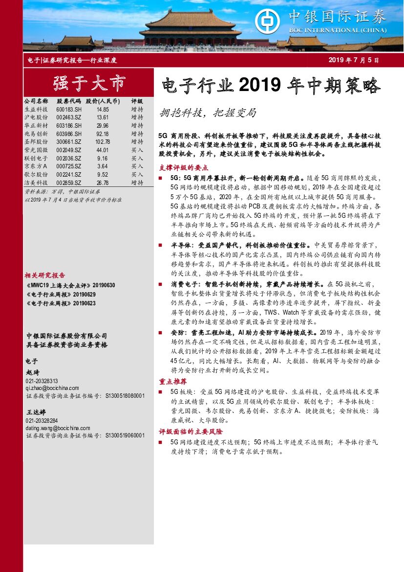 中银国际：电子行业2019年中期策略：拥抱科技，把握变局