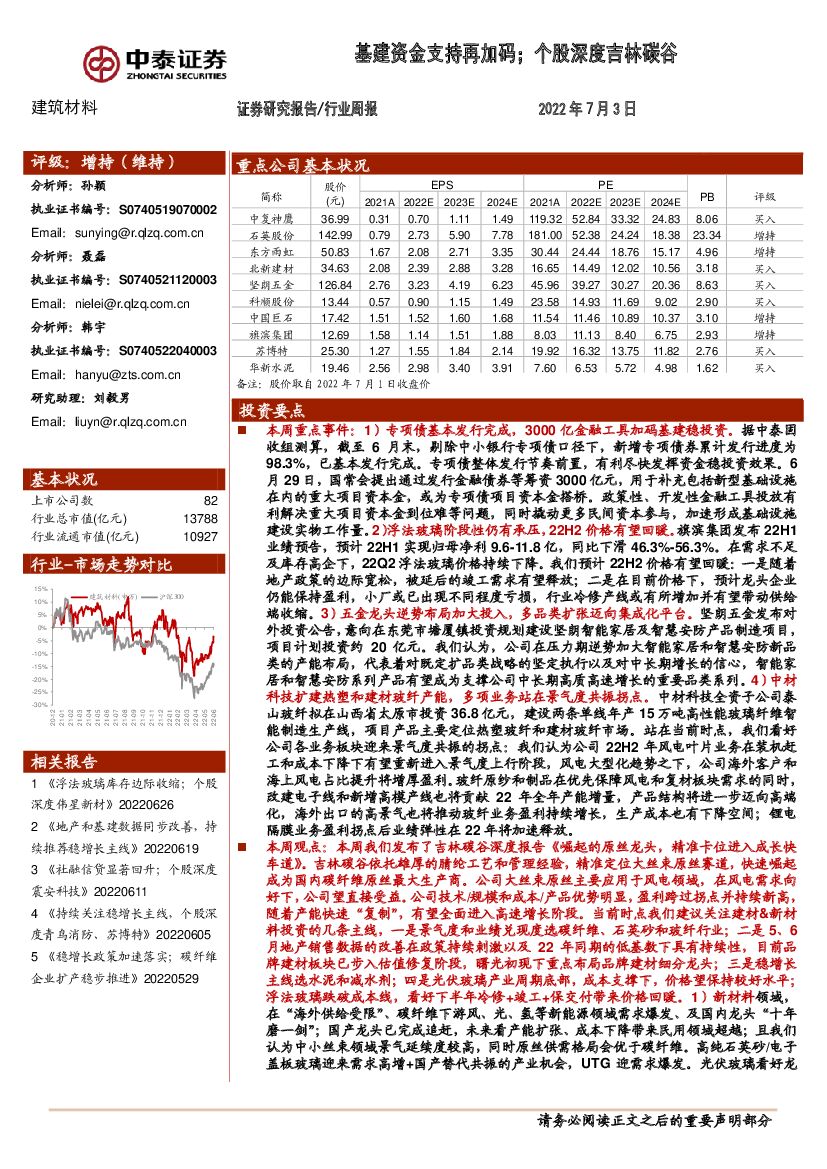 中泰证券：建筑材料行业周报：基建资金支持再加码；个股深度吉林碳谷