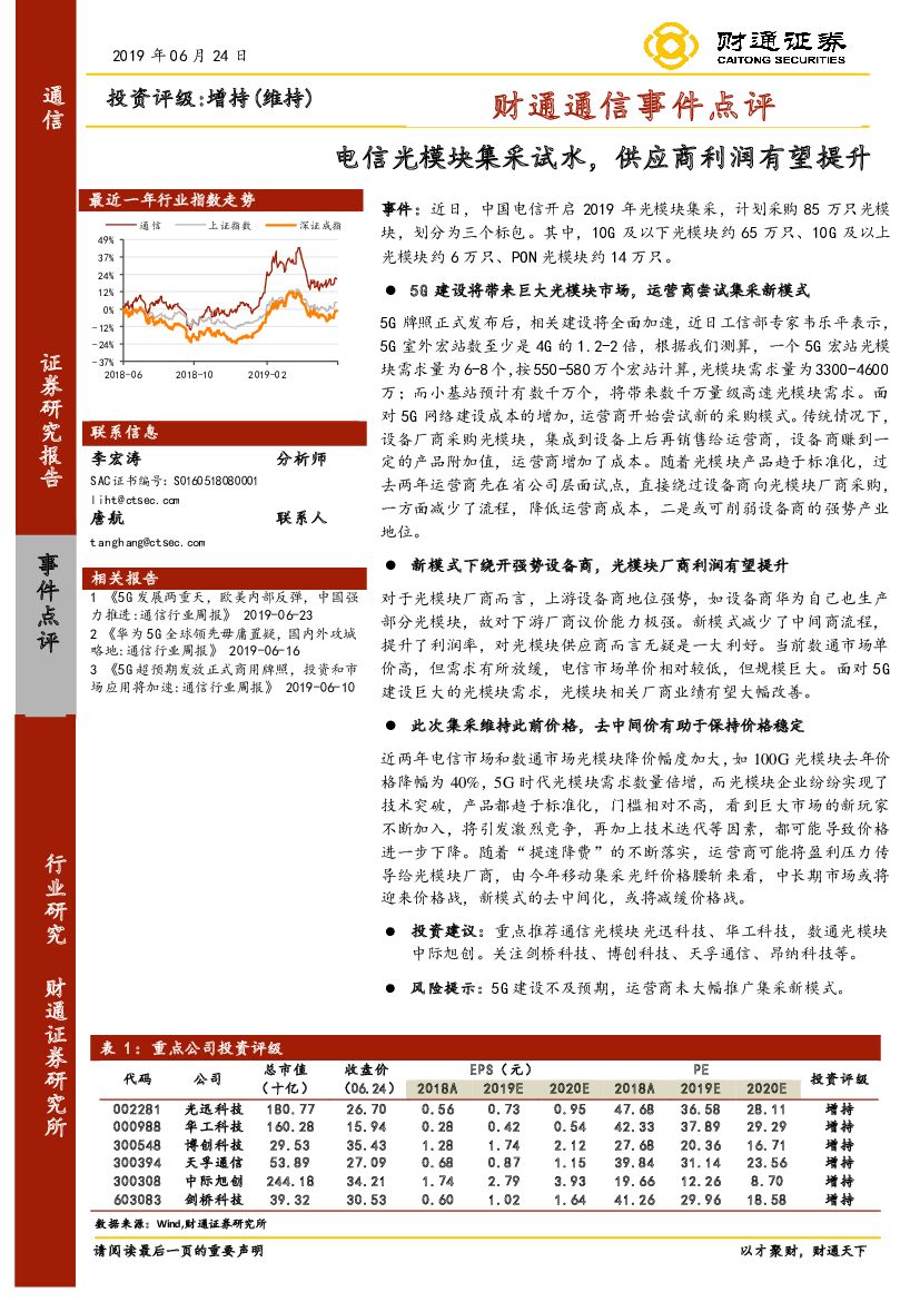 财通证券：财通通信事件点评：电信光模块集采试水，供应商利润有望提升