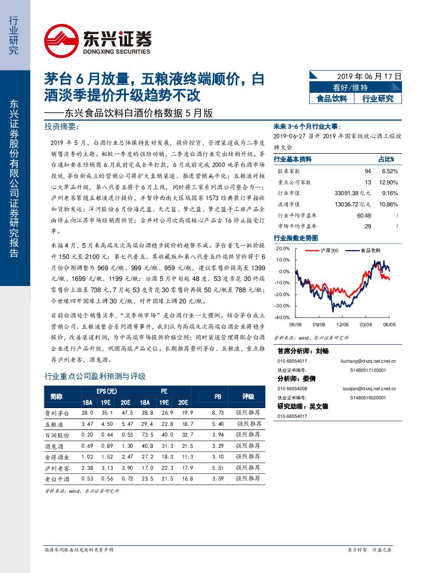 东兴证券：东兴食品饮料白酒价格数据5月版：茅台6月放量，五粮液终端顺价，白酒淡季提价升级趋势不改