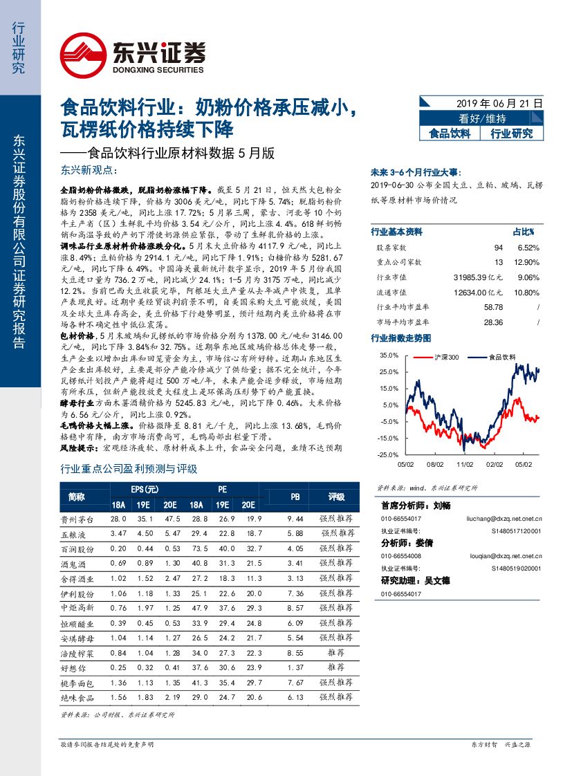 东兴证券：食品饮料行业原材料数据5月版：奶粉价格承压减小，瓦楞纸价格持续下降