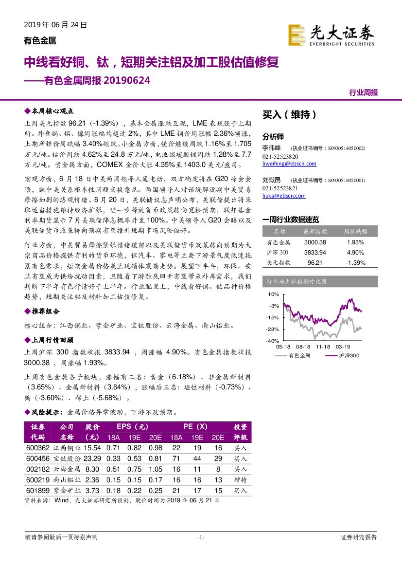 光大证券：有色金属周报：中线看好铜、钛，短期关注铝及加工股估值修复