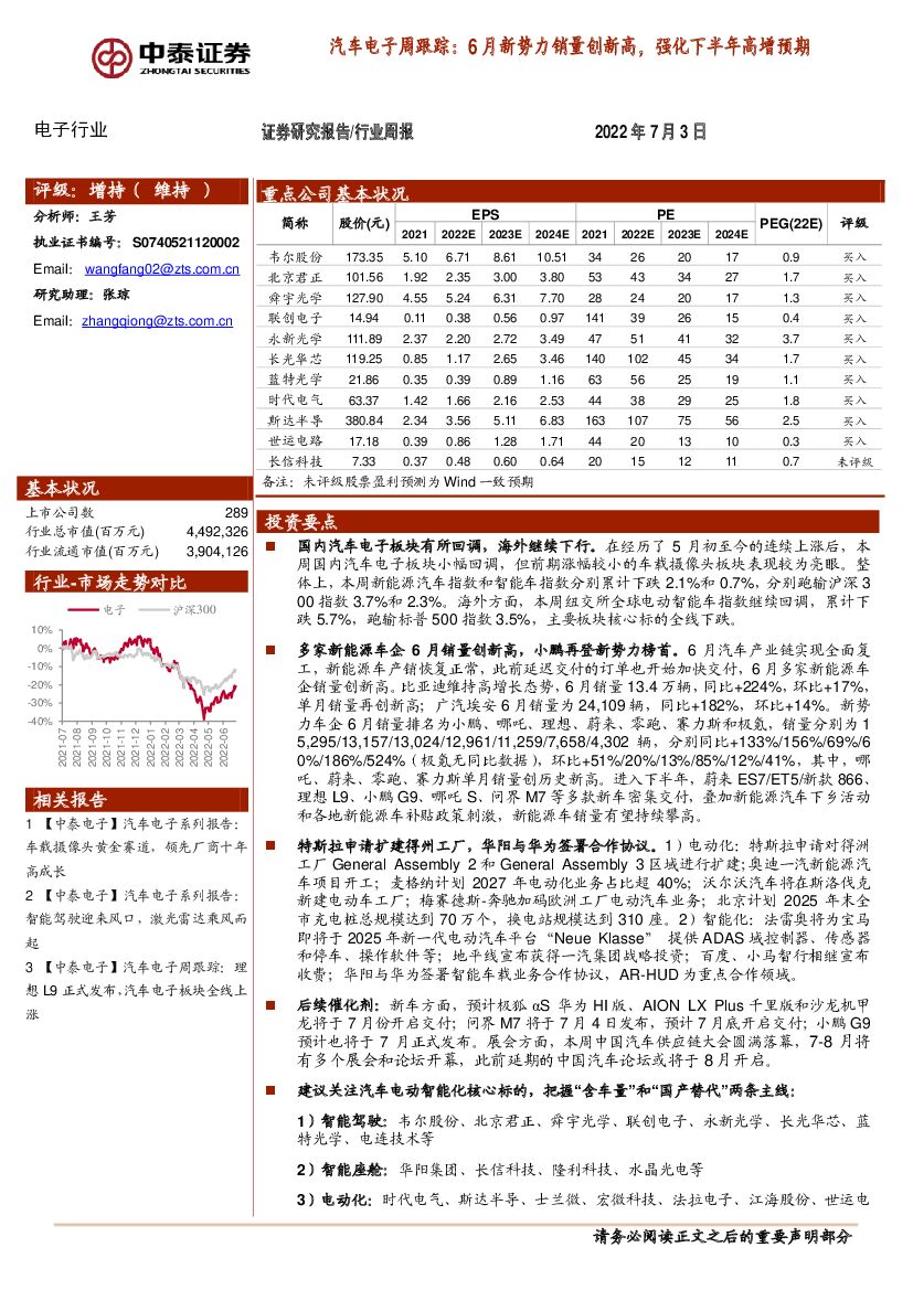 中泰证券：汽车电子周跟踪：6月新势力销量创新高，强化下半年高增预期