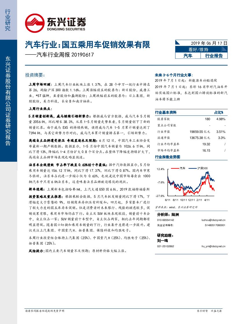 东兴证券：汽车行业周报：国五乘用车促销效果有限