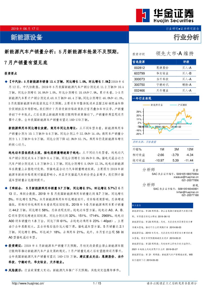 华金证券：新能源汽车产销量分析：5月新能源车抢装不及预期，7月产销量有望见底