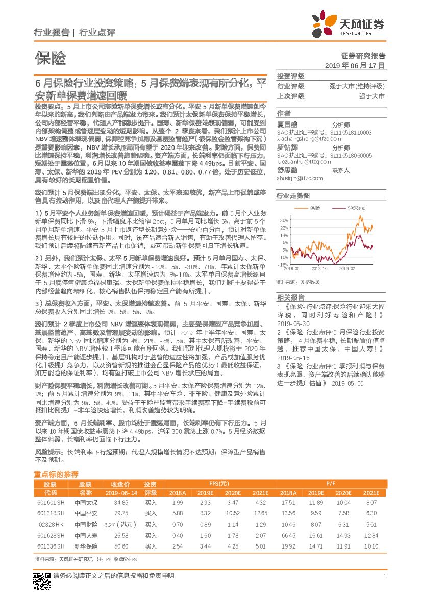 天风证券：6月保险行业投资策略：5月保费端表现有所分化，平安新单保费增速回暖