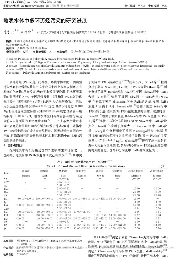 长安大学：地表水体中多环芳烃污染的研究进展
