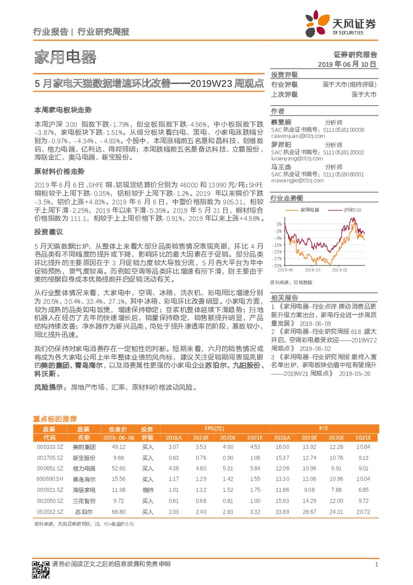 天风证券：家用电器2019W23周观点：5月家电天猫数据增速环比改善