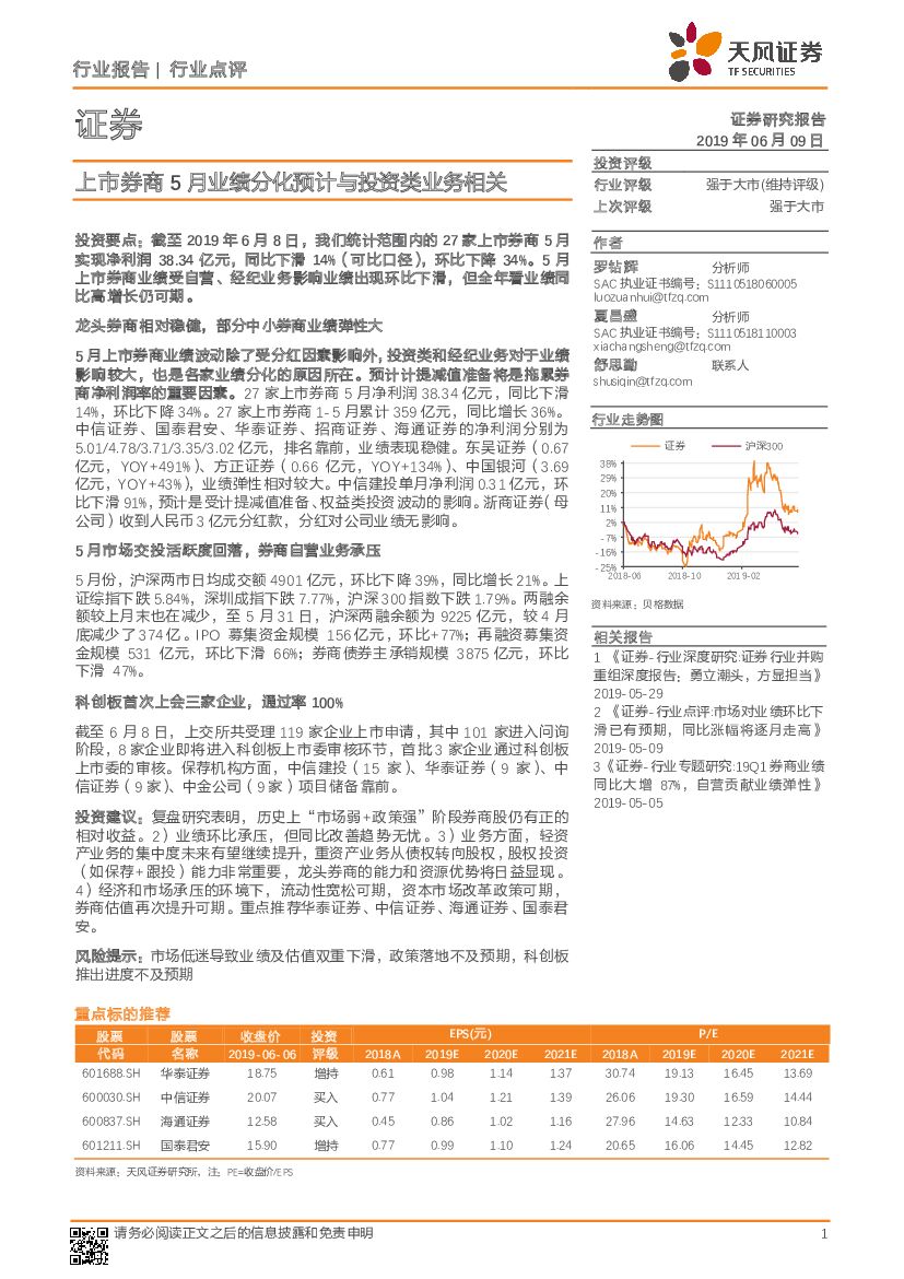 天风证券：证券行业点评：上市券商5月业绩分化预计与投资类业务相关