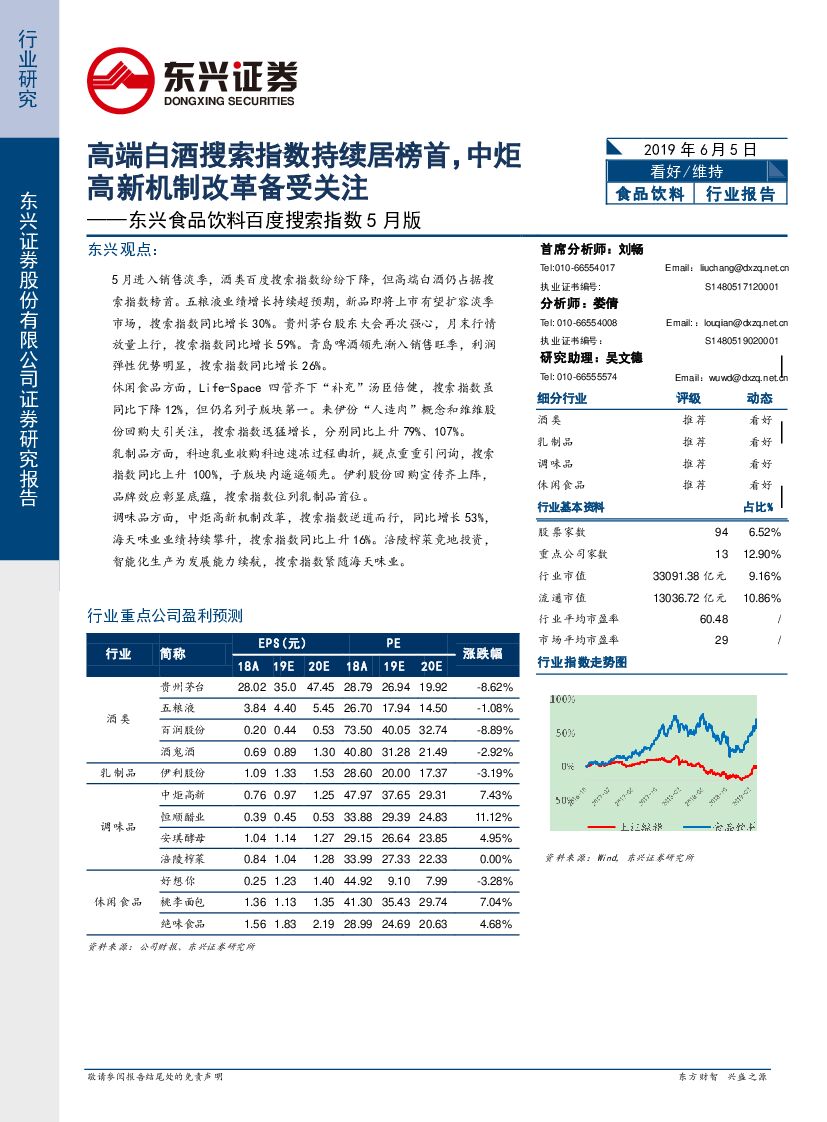 东兴证券：东兴食品饮料百度搜索指数5月版：高端白酒搜索指数持续居榜首，中炬高新机制改革备受关注