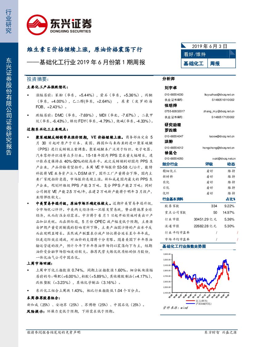 东兴证券：基础化工行业2019年6月份第1期周报：维生素E价格继续上涨，原油价格震荡下行