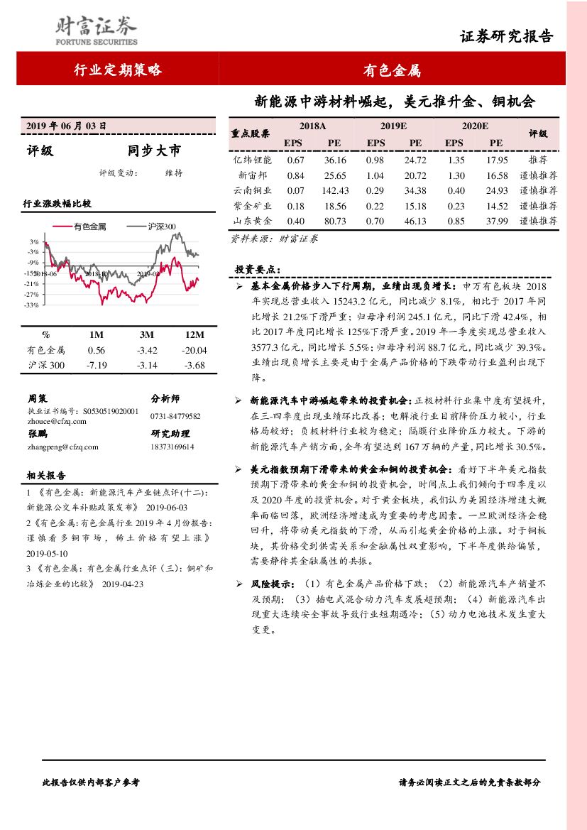 财富证券：有色金属行业定期策略：新能源中游材料崛起，美元推升金、铜机会