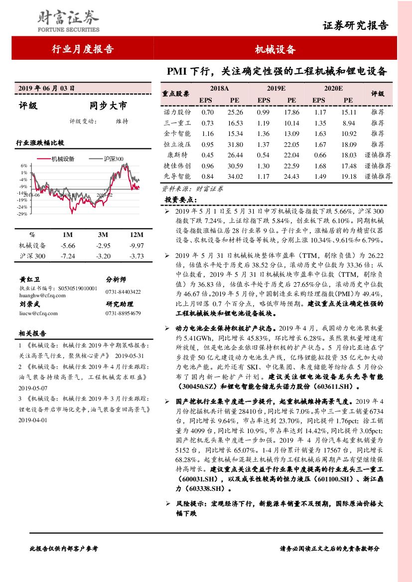 财富证券：机械设备行业月度报告：PMI下行，关注确定性强的工程机械和锂电设备