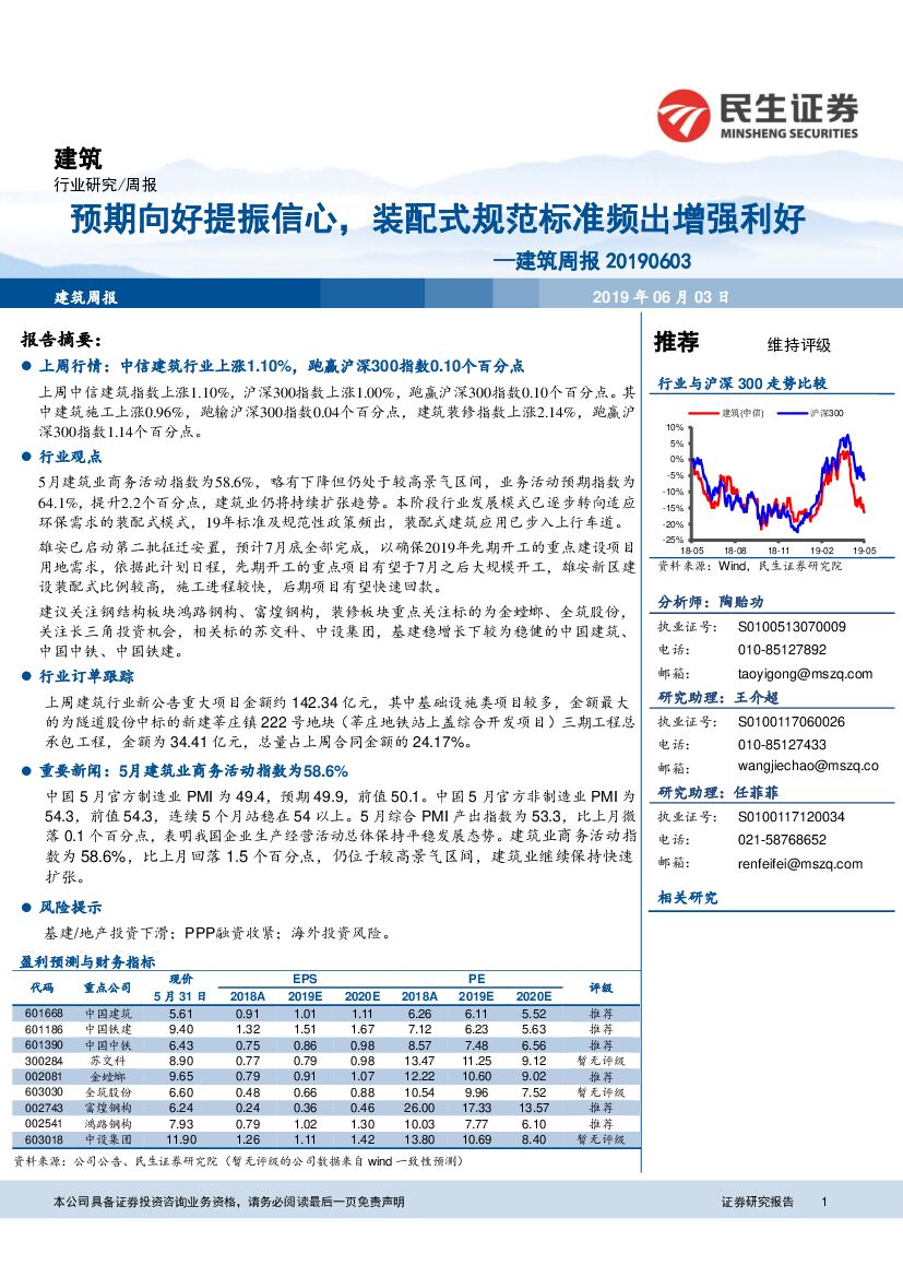 民生证券：建筑周报：预期向好提振信心，装配式规范标准频出增强利好