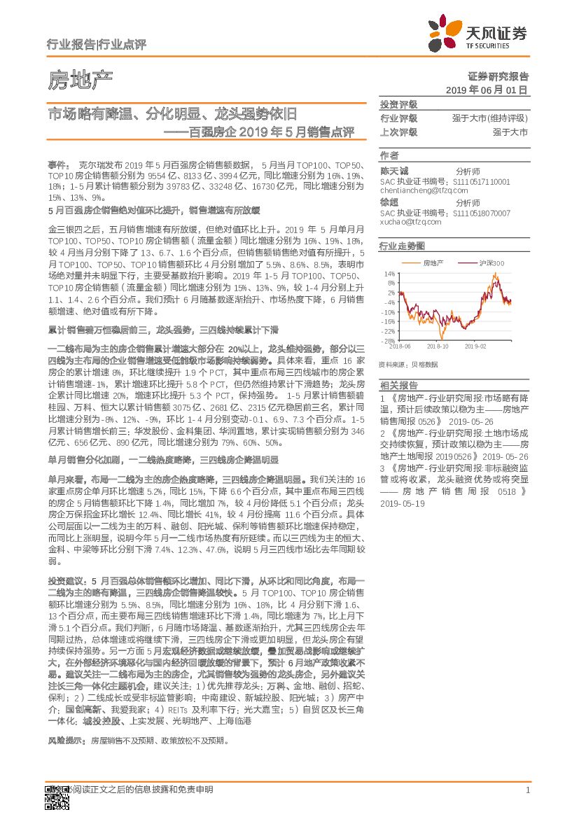 天风证券：百强房企2019年5月销售点评：市场略有降温、分化明显、龙头强势依旧