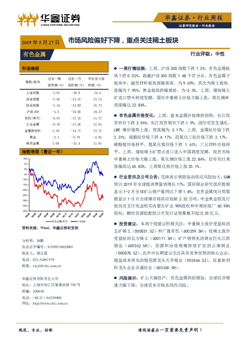 华鑫证券：有色金属行业周报：市场风险偏好下降，重点关注稀土板块